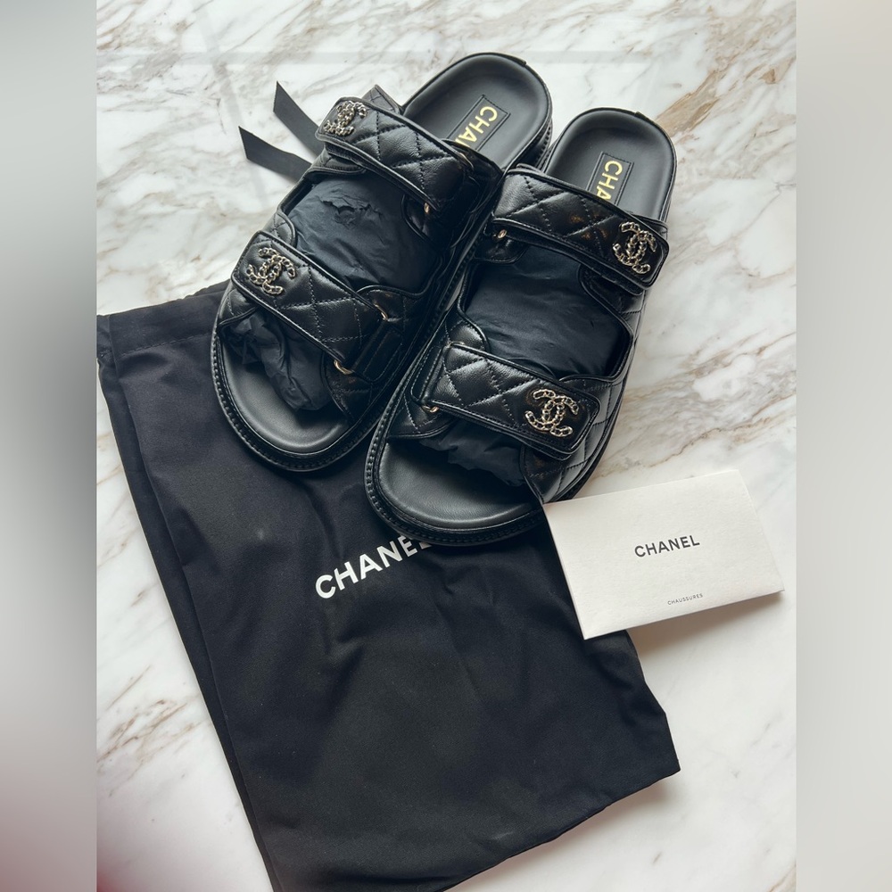 CHANEL Black Lambskin Mules Dad Sandals with Gold CC Hardware - Picture 8 of 8